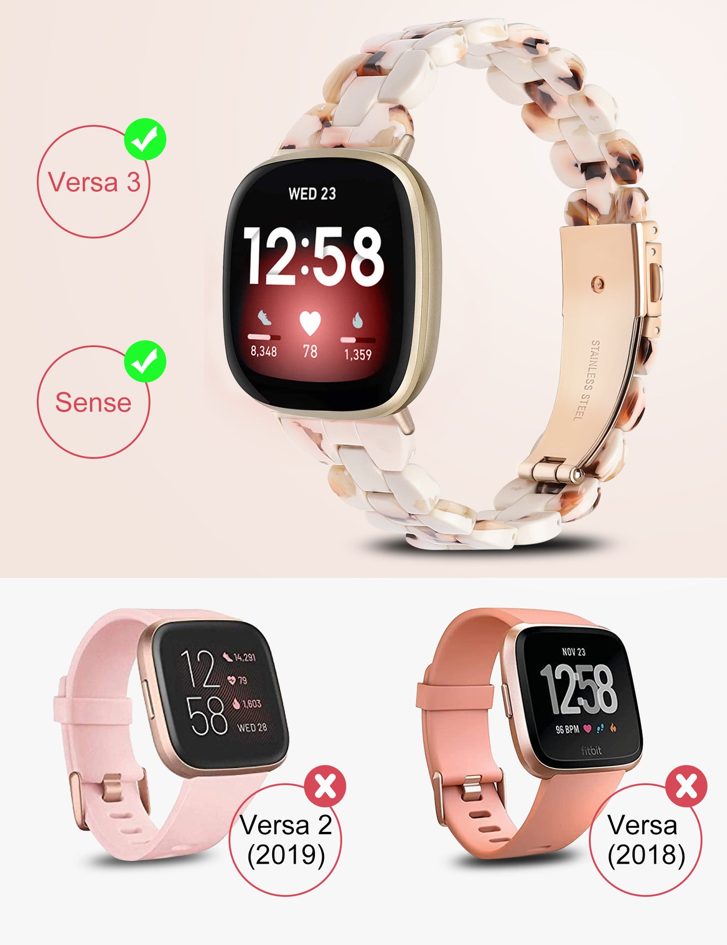 TOYOUTHS Slim Cute Resin Bands Compatible with Fitbit Sense Bands Women, Lightweight Thin Sense Watch Bands Dressy Bracelets Elegant Accessories for Fitbit Versa 3 Bands Women