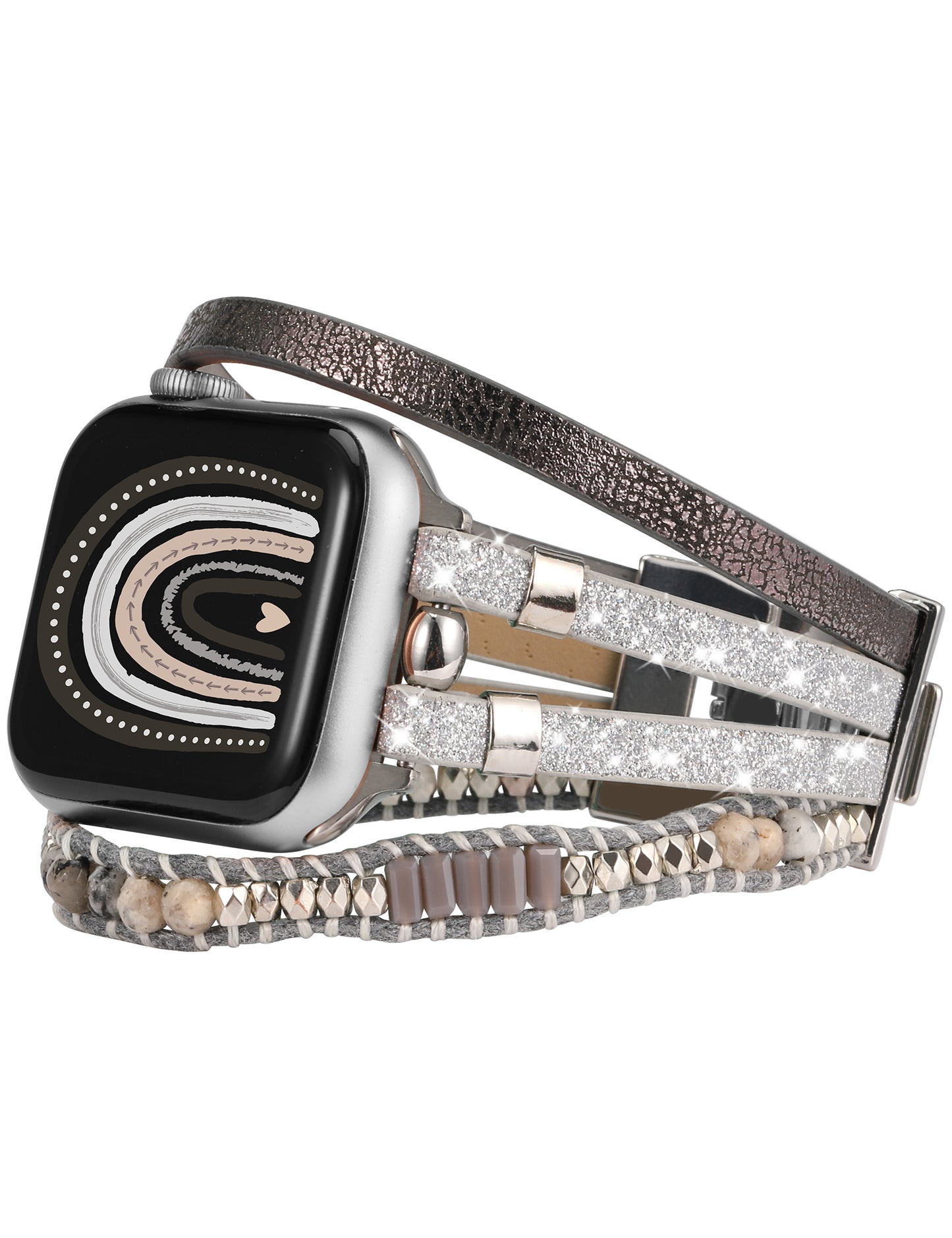 TOYOUTHS Compatible With Apple Watch Band Bracelet Multi-Strand Leather Sparkle Braided Wrap with Beaded Boho Bling Jewelry Dressy 41mm 40mm 38mm Band for iwatch Series SE 8 7 6 5 4 3 2 1