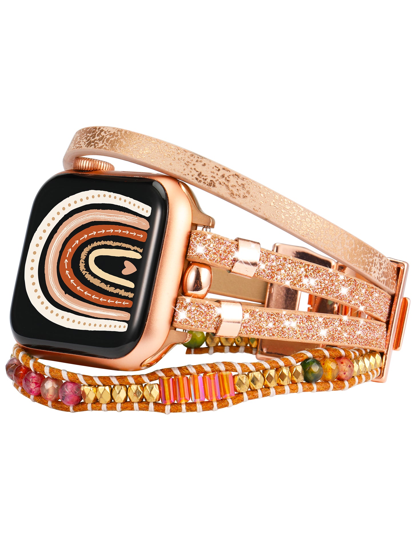 TOYOUTHS Compatible With Apple Watch Band Bracelet Multi-Strand Leather Sparkle Braided Wrap with Beaded Boho Bling Jewelry Dressy 41mm 40mm 38mm Band for iwatch Series SE 8 7 6 5 4 3 2 1