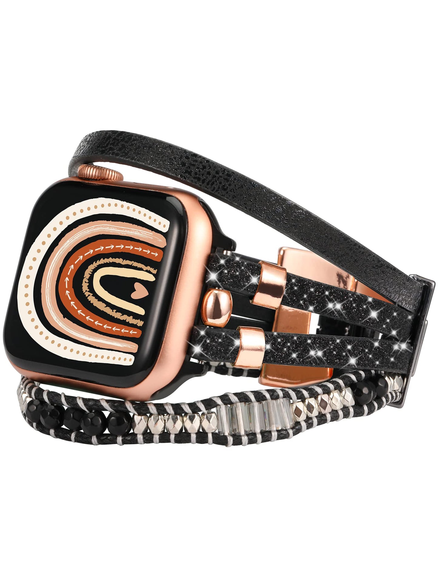 TOYOUTHS Compatible With Apple Watch Band Bracelet Multi-Strand Leather Sparkle Braided Wrap with Beaded Boho Bling Jewelry Dressy 41mm 40mm 38mm Band for iwatch Series SE 8 7 6 5 4 3 2 1
