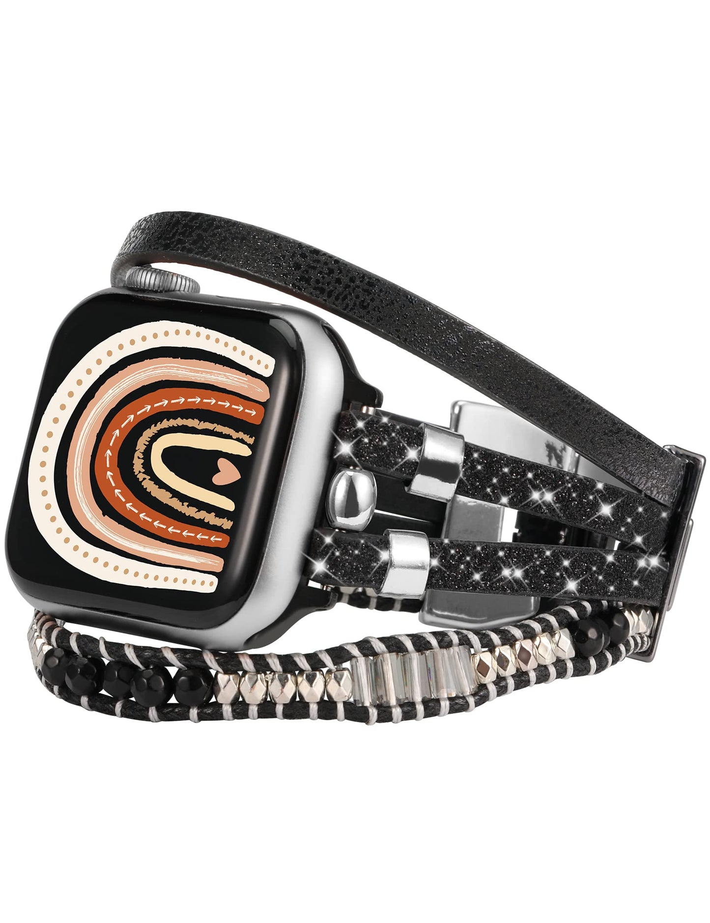 TOYOUTHS Compatible With Apple Watch Band Bracelet Multi-Strand Leather Sparkle Braided Wrap with Beaded Boho Bling Jewelry Dressy 41mm 40mm 38mm Band for iwatch Series SE 8 7 6 5 4 3 2 1