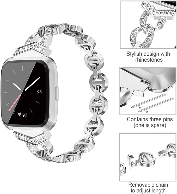 TOYOUTHS Bling Strap Compatible with Fitbit Versa/Versa 2/Versa Lite Special Edition Bands Women Stainless Steel Metal Dressy Bracelet with Diamonds Wristbands for Versa 2 Special Edition