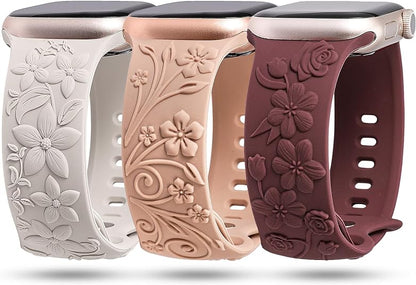 TOYOUTHS 3 Pack Floral Embossed Bands Compatible with Apple Watch Band 38/40/41/42/44/45/49mm Women, Engraved Soft Silicone 3D Flower Cute Dressy Straps for iWatch Series 9/SE/Ultra/8/7/6/5/4/3/2/1