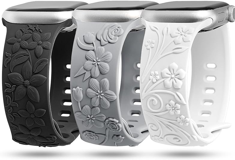 TOYOUTHS 3 Pack Floral Embossed Bands Compatible with Apple Watch Band 38/40/41/42/44/45/49mm Women, Engraved Soft Silicone 3D Flower Cute Dressy Straps for iWatch Series 9/SE/Ultra/8/7/6/5/4/3/2/1