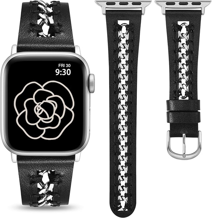 TOYOUTHS Leather Link Band Compatible with Apple Watch Strap Women 38/40/41/42/44/45/49mm Fancy Leather Bracelet with Metal Chains Cowboy Wristband for iWatch Bands Series Ultra SE 9 8 7 6 5 4 3 2 1