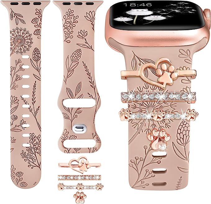 TOYOUTHS Compatible with Apple Watch Band with Charms Women Floral Engraved Silicone Strap with Decorative Ring Loops Dressy Bracelet for iWatch 38/40/41mm Series SE 8 7 6 5 4 3 2 1