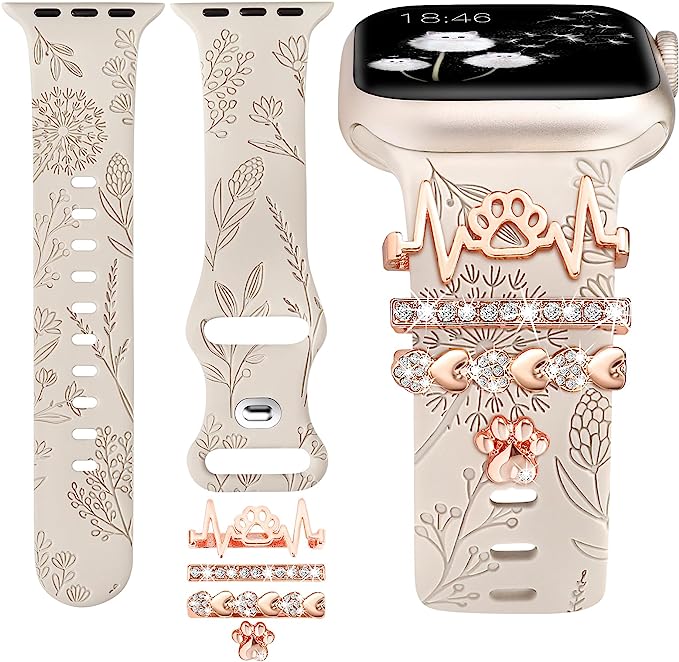TOYOUTHS Compatible with Apple Watch Band with Charms Women Floral Engraved Silicone Strap with Decorative Ring Loops Dressy Bracelet for iWatch 38/40/41mm Series SE 8 7 6 5 4 3 2 1