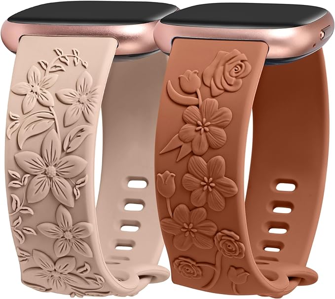 TOYOUTHS 2 Pack Compatible with Fitbit Versa 4/Versa 3/Sense 2/Sense Bands for Women Floral Engraved Straps Soft Silicone Dressy Embossed Flower Wristband Bracelet for Fitbit Versa 4/Sense Watch Band