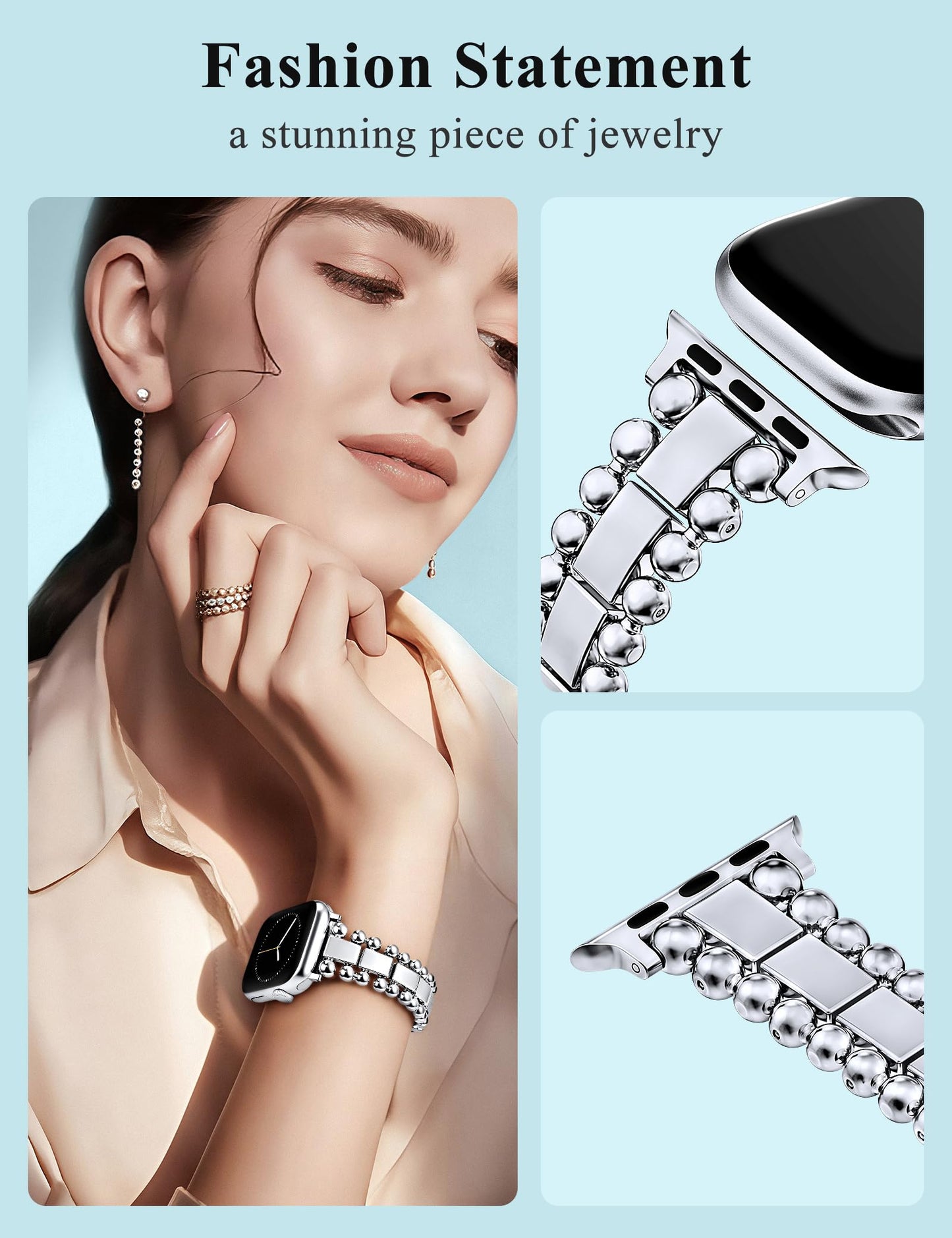 TOYOUTHS Beaded Bracelet Compatible with Apple Watch Bands 38/40/41/42/44/45/46/49mm Women, Dressy Fancy Stainless Steel Metal Elegant Jewelry Strap for iWatch Series 11 10 9 8 7 6 5 4 Ultra/SE 3 2 1