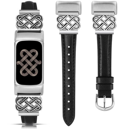 TOYOUTHS Celtic Knot Leather Band Compatible with Fitbit Charge 6/Fitbit Charge 5 Band Women, Slim Dressy Thin Designer Premium Leather Strap with Interlock Buckle for Fitbit Charge 6/5 Smartwatch