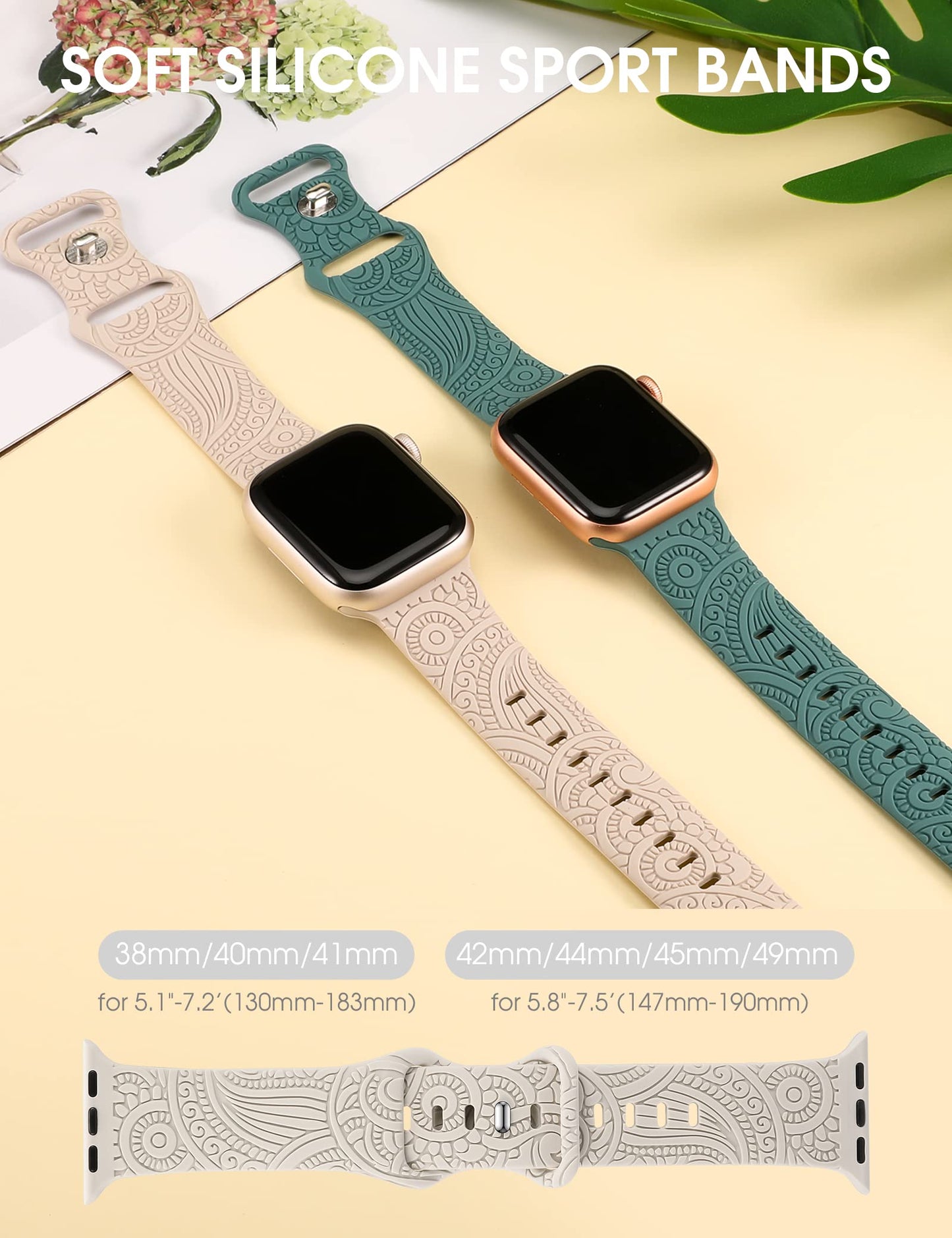 TOYOUTHS 2 Packs Boho Engraved Bracelet Compatible with Apple Watch Band 38mm 40mm 41mm Women Designer Fall Floral Silicone Waterproof Strap for iWatch Series 9/8/7/6/5/4/3/2/1/SE