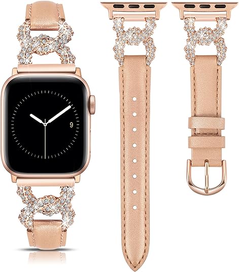 TOYOUTHS Leather Band Compatible with Apple Watch Bands for Women 38/40/41/42/44/45/49mm Ultra Dressy Designer Diamond Interlock Buckle Thin Leather Strap for iWatch Band SE Series 9/8/7/6/5/4/3/2/1