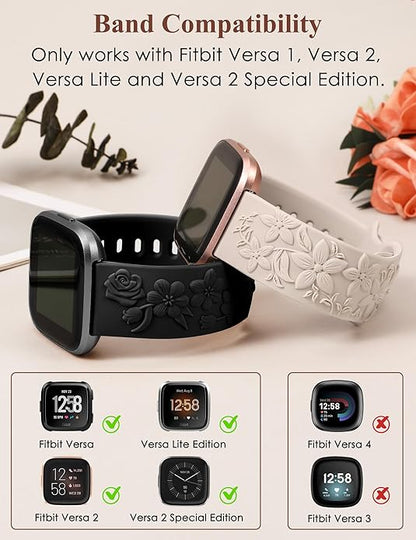 TOYOUTHS 2 Pack Compatible with Fitbit Versa 2/Versa Lite/Versa Watch Bands for Women Floral Engraved Soft Silicone Dressy Embossed Flower Strap Replacement Versa 2 Special Edition Bracelet Wristband