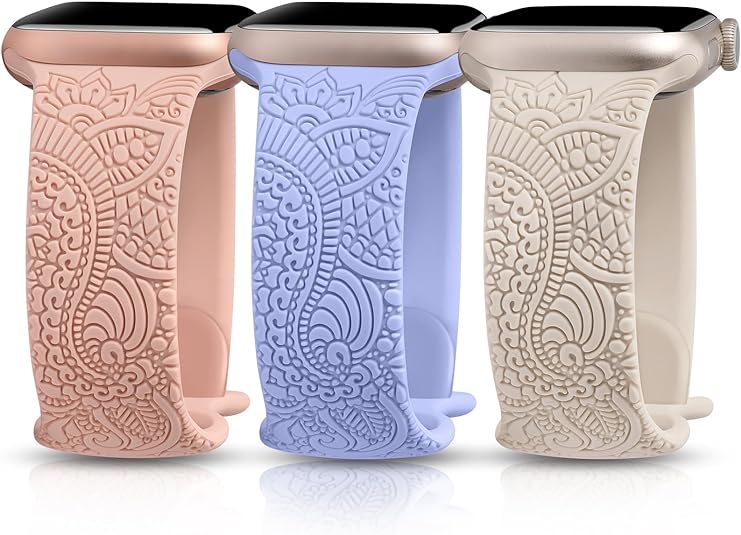 3 Packs Boho Engraved Bands Compatible with Apple Watch Bands 41mm 40mm 38mm 45mm 44mm 42mm 49mm Women Men, Silicone Sport Fancy Dressy Strap for iWatch Series 9/Ultra/SE/8/7/6/5/4/3/2/1