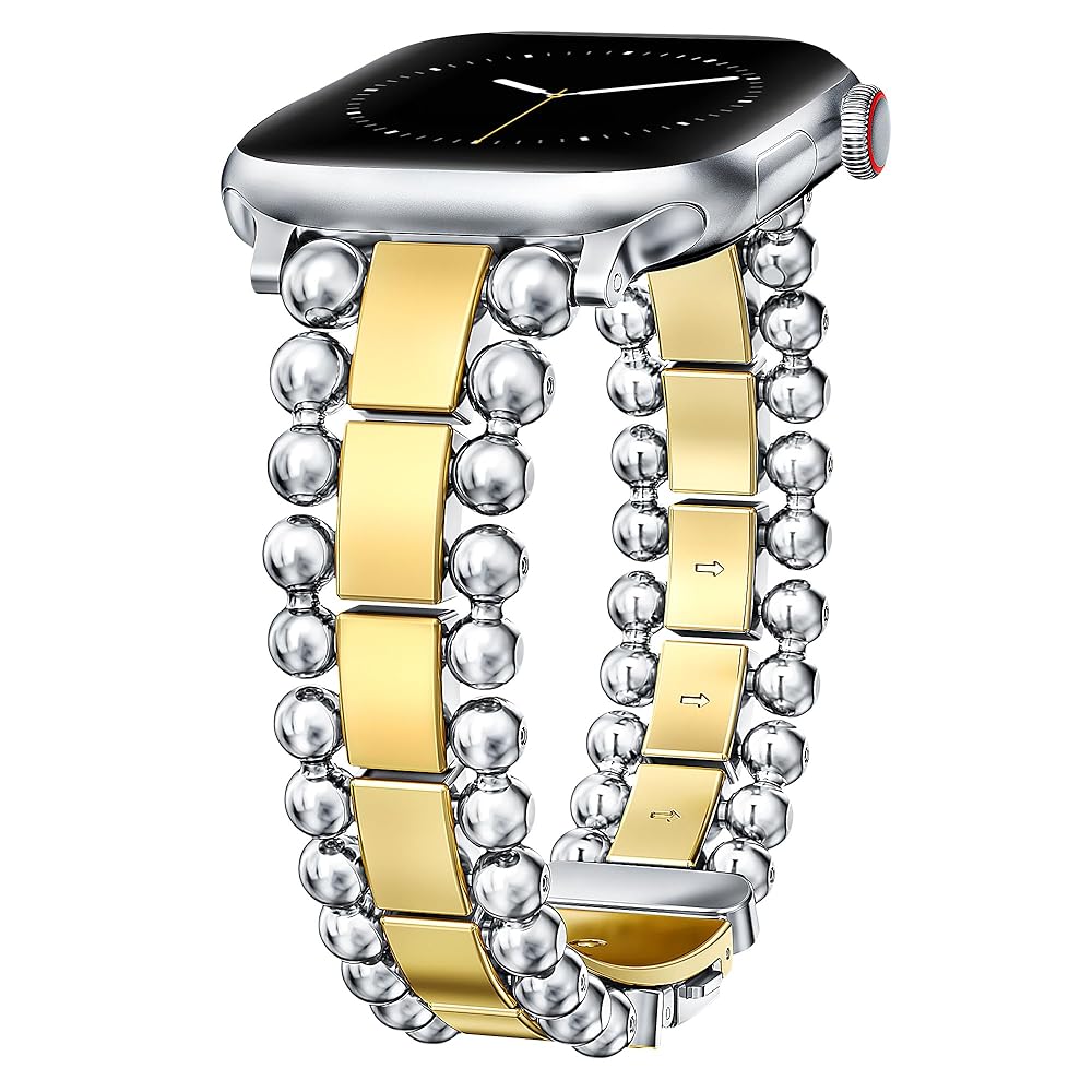 TOYOUTHS Beaded Bracelet Compatible with Apple Watch Bands 38/40/41/42/44/45/46/49mm Women, Dressy Fancy Stainless Steel Metal Elegant Jewelry Strap for iWatch Series 11 10 9 8 7 6 5 4 Ultra/SE 3 2 1