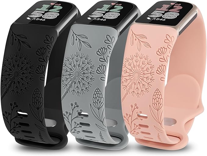 TOYOUTHS 3 Packs Floral Engraved Compatible with Fitbit Charge 5/Charge 6 Strap for Women, Soft Waterproof Silicone Sport Band with Cute Dandelion Flower Pattern