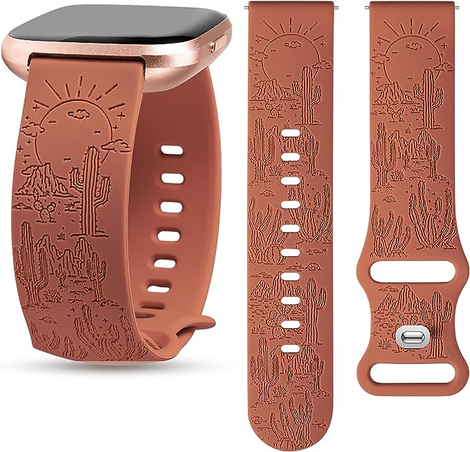 TOYOUTHS Compatible with Fitbit Versa 2 Bands/Versa Lite/Versa Watch Band Women Men Soft Silicone Engraved Dressy Western Saguaro Cactus Vintage Sport Strap Versa 2 Special Edition Wristband