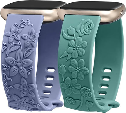 TOYOUTHS 2 Pack Compatible with Fitbit Versa 4/Versa 3/Sense 2/Sense Bands for Women Floral Engraved Straps Soft Silicone Dressy Embossed Flower Wristband Bracelet for Fitbit Versa 4/Sense Watch Band