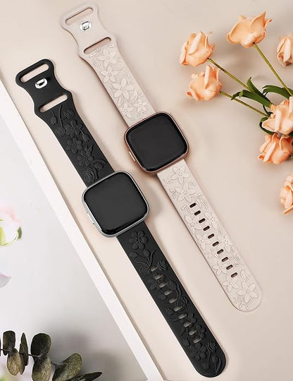 TOYOUTHS 2 Pack Compatible with Fitbit Versa 2/Versa Lite/Versa Watch Bands for Women Floral Engraved Soft Silicone Dressy Embossed Flower Strap Replacement Versa 2 Special Edition Bracelet Wristband