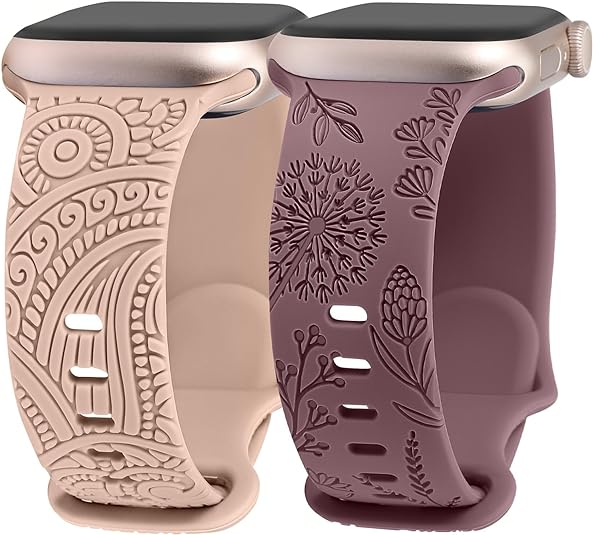 TOYOUTHS 2 Packs Floral Engraved Band Compatible with Apple Watch Band 41mm 40mm 38mm 45mm 44mm 42mm 49mm Women, Silicone Henna Dandelion Cute Strap for iWatch Series Ultra 2/9/8/7/SE/6/5/4/3/2/1