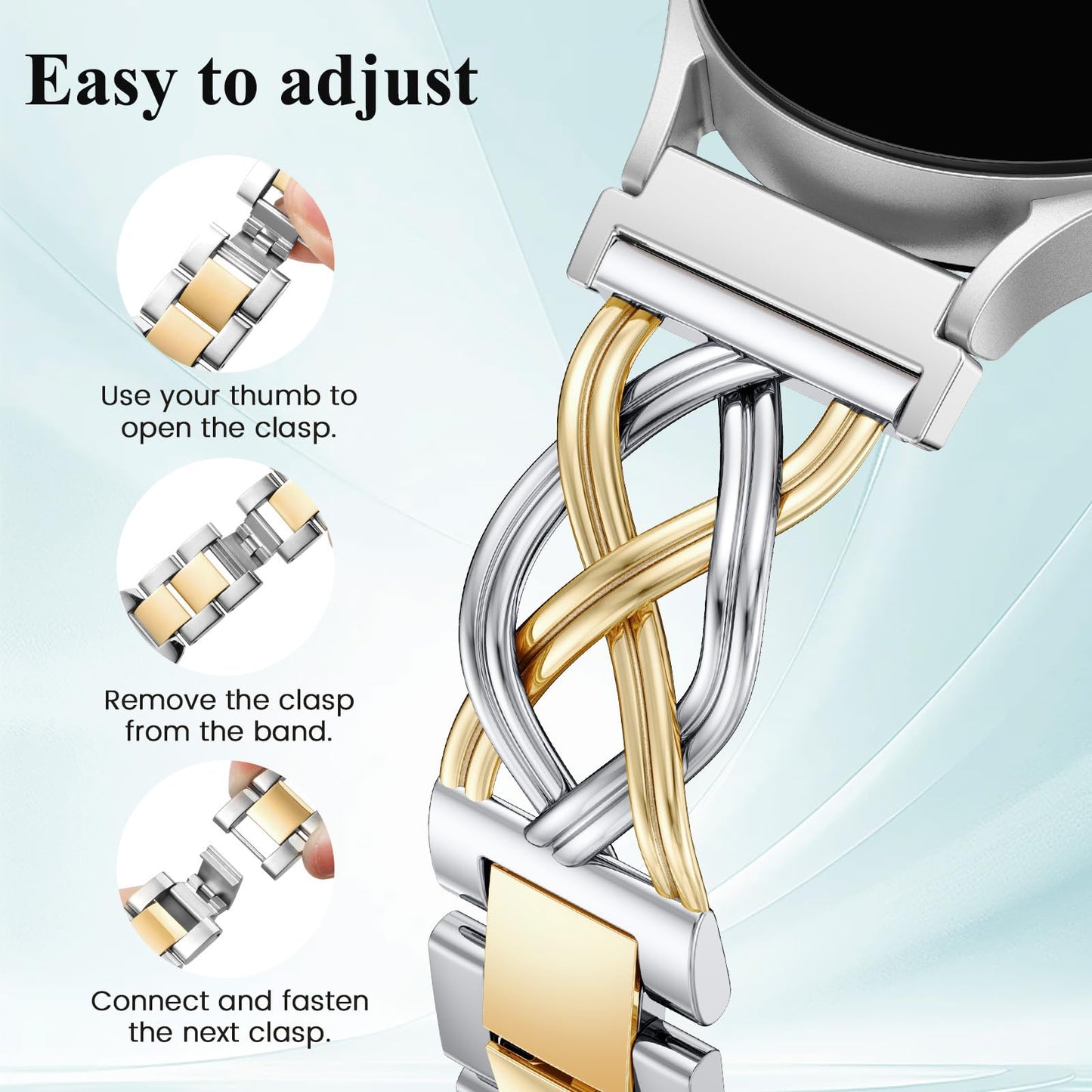 TOYOUTHS Celtic Knot Chain Bracelet Compatible with Samsung Galaxy Watch 7 6 5 4 FE 40mm 44mm/Watch 6 4 Classic/5 Pro/3 41mm/Active 2 Women, 20mm Dressy Stainless Steel Band Metal Jewelry Link Strap