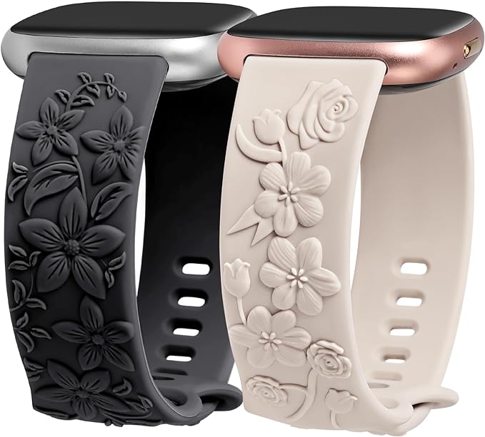 TOYOUTHS 2 Pack Compatible with Fitbit Versa 4/Versa 3/Sense 2/Sense Bands for Women Floral Engraved Straps Soft Silicone Dressy Embossed Flower Wristband Bracelet for Fitbit Versa 4/Sense Watch Band