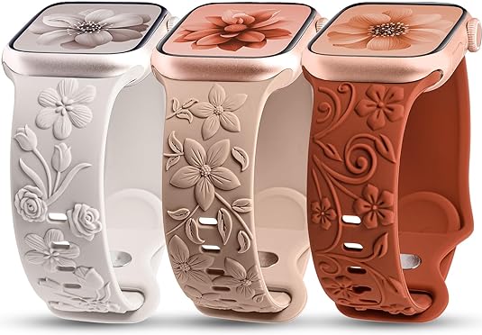 TOYOUTHS 3 Pack Floral Embossed Bands Compatible with Apple Watch Band 38/40/41/42/44/45/49mm Women, Engraved Soft Silicone 3D Flower Cute Dressy Straps for iWatch Series 9/SE/Ultra/8/7/6/5/4/3/2/1
