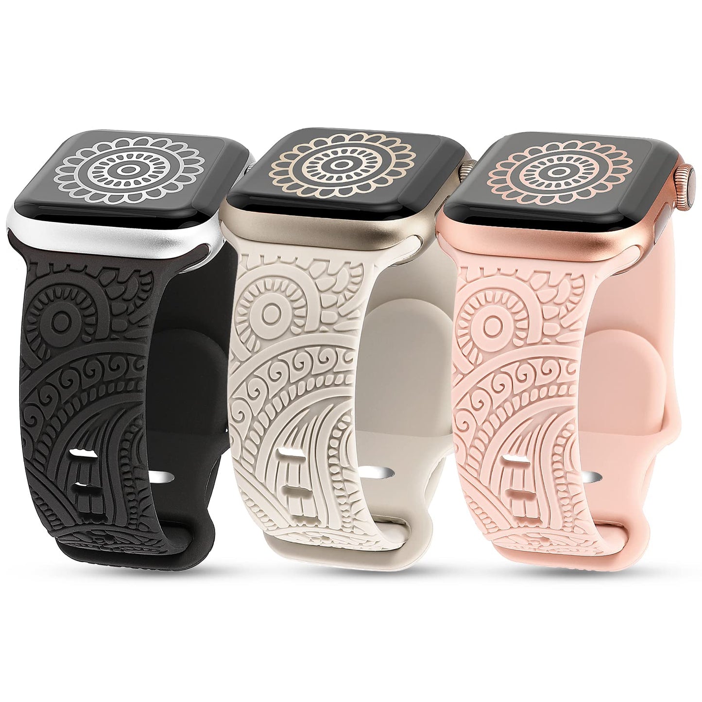 TOYOUTHS 3-Pack Compatible with Apple Watch Band 38mm 40mm 41mm Women Soft Silicone Laser Engraved Boho Floral Bracelet Sport Straps for iWatch Series 9 8 7 6 5 4 3 2 1 SE