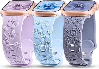 TOYOUTHS 3 Pack Floral Embossed Bands Compatible with Apple Watch Band 38/40/41/42/44/45/49mm Women, Engraved Soft Silicone 3D Flower Cute Dressy Straps for iWatch Series 9/SE/Ultra/8/7/6/5/4/3/2/1