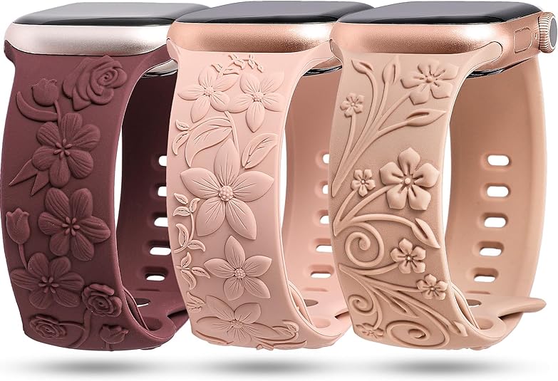 TOYOUTHS 3 Pack Floral Embossed Bands Compatible with Apple Watch Band 38/40/41/42/44/45/49mm Women, Engraved Soft Silicone 3D Flower Cute Dressy Straps for iWatch Series 9/SE/Ultra/8/7/6/5/4/3/2/1