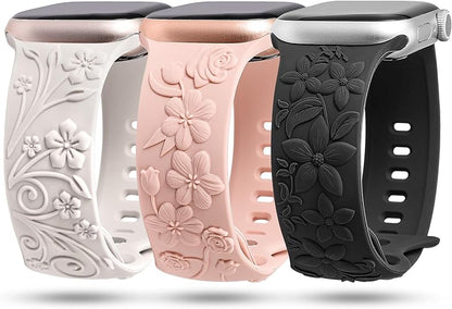 TOYOUTHS 3 Pack Floral Embossed Bands Compatible with Apple Watch Band 38/40/41/42/44/45/49mm Women, Engraved Soft Silicone 3D Flower Cute Dressy Straps for iWatch Series 9/SE/Ultra/8/7/6/5/4/3/2/1