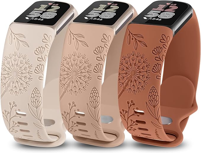 TOYOUTHS 3 Packs Floral Engraved Compatible with Fitbit Charge 5/Charge 6 Strap for Women, Soft Waterproof Silicone Sport Band with Cute Dandelion Flower Pattern