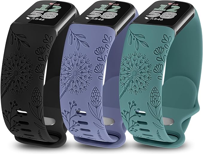 TOYOUTHS 3 Packs Floral Engraved Compatible with Fitbit Charge 5/Charge 6 Strap for Women, Soft Waterproof Silicone Sport Band with Cute Dandelion Flower Pattern