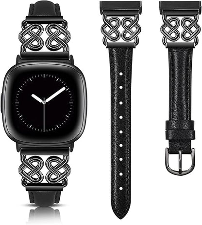 TOYOUTHS Leather Band Compatible with Fitbit Versa 4/Versa 3/Sense 2/Sense Band Women, Elegant Dressy Slim Leather Strap with Designer Celtic Heart-Shaped Knot Buckle for Versa 4 Sense 2 Smartwatch