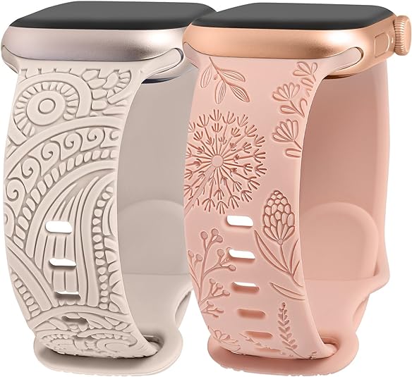 TOYOUTHS 2 Packs Floral Engraved Band Compatible with Apple Watch Band 41mm 40mm 38mm 45mm 44mm 42mm 49mm Women, Silicone Henna Dandelion Cute Strap for iWatch Series Ultra 2/9/8/7/SE/6/5/4/3/2/1
