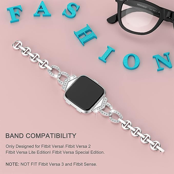 TOYOUTHS Bling Strap Compatible with Fitbit Versa/Versa 2/Versa Lite Special Edition Bands Women Stainless Steel Metal Dressy Bracelet with Diamonds Wristbands for Versa 2 Special Edition