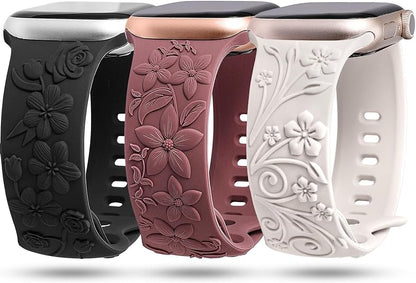 TOYOUTHS 3 Pack Floral Embossed Bands Compatible with Apple Watch Band 38/40/41/42/44/45/49mm Women, Engraved Soft Silicone 3D Flower Cute Dressy Straps for iWatch Series 9/SE/Ultra/8/7/6/5/4/3/2/1