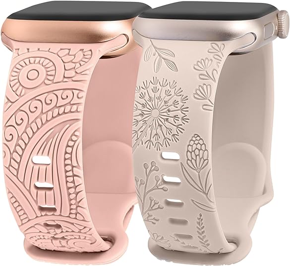 TOYOUTHS 2 Packs Floral Engraved Band Compatible with Apple Watch Band 41mm 40mm 38mm 45mm 44mm 42mm 49mm Women, Silicone Henna Dandelion Cute Strap for iWatch Series Ultra 2/9/8/7/SE/6/5/4/3/2/1