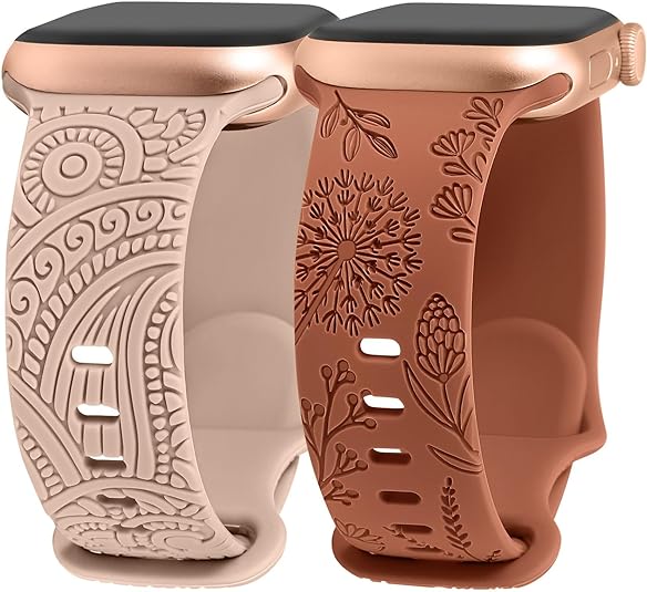 TOYOUTHS 2 Packs Floral Engraved Band Compatible with Apple Watch Band 41mm 40mm 38mm 45mm 44mm 42mm 49mm Women, Silicone Henna Dandelion Cute Strap for iWatch Series Ultra 2/9/8/7/SE/6/5/4/3/2/1