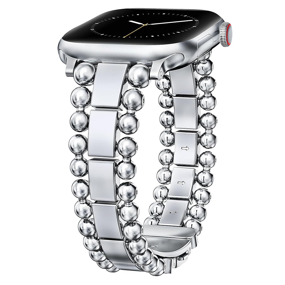 TOYOUTHS Beaded Bracelet Compatible with Apple Watch Bands 38/40/41/42/44/45/46/49mm Women, Dressy Fancy Stainless Steel Metal Elegant Jewelry Strap for iWatch Series 11 10 9 8 7 6 5 4 Ultra/SE 3 2 1
