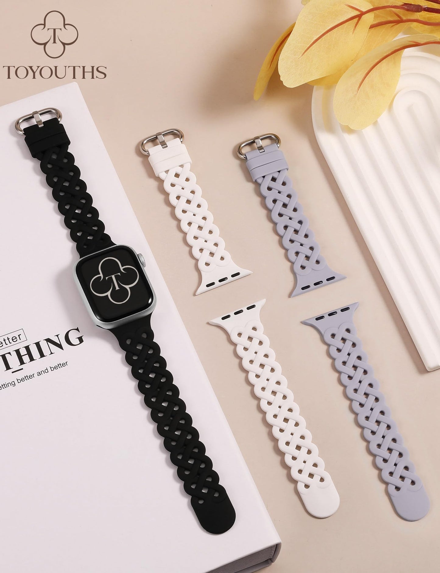 TOYOUTHS Celtic Knot Silicone Bands Compatible with Apple Watch Band 42/41/40/38/44/45/46/49mm Women, 3 Pack Sport Cute Slim Braided Hollow-out Strap for iWatch Series 10/9/8/7/6/5/4/3/SE/Ultra 2