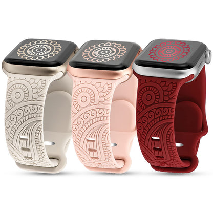 TOYOUTHS 3-Pack Compatible with Apple Watch Band 38mm 40mm 41mm Women Soft Silicone Laser Engraved Boho Floral Bracelet Sport Straps for iWatch Series 9 8 7 6 5 4 3 2 1 SE
