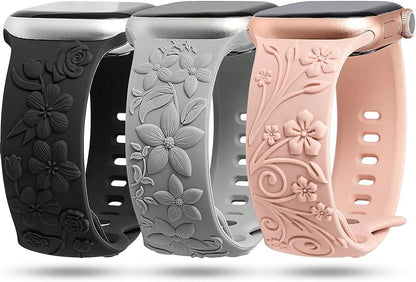 TOYOUTHS 3 Pack Floral Embossed Bands Compatible with Apple Watch Band 38/40/41/42/44/45/49mm Women, Engraved Soft Silicone 3D Flower Cute Dressy Straps for iWatch Series 9/SE/Ultra/8/7/6/5/4/3/2/1