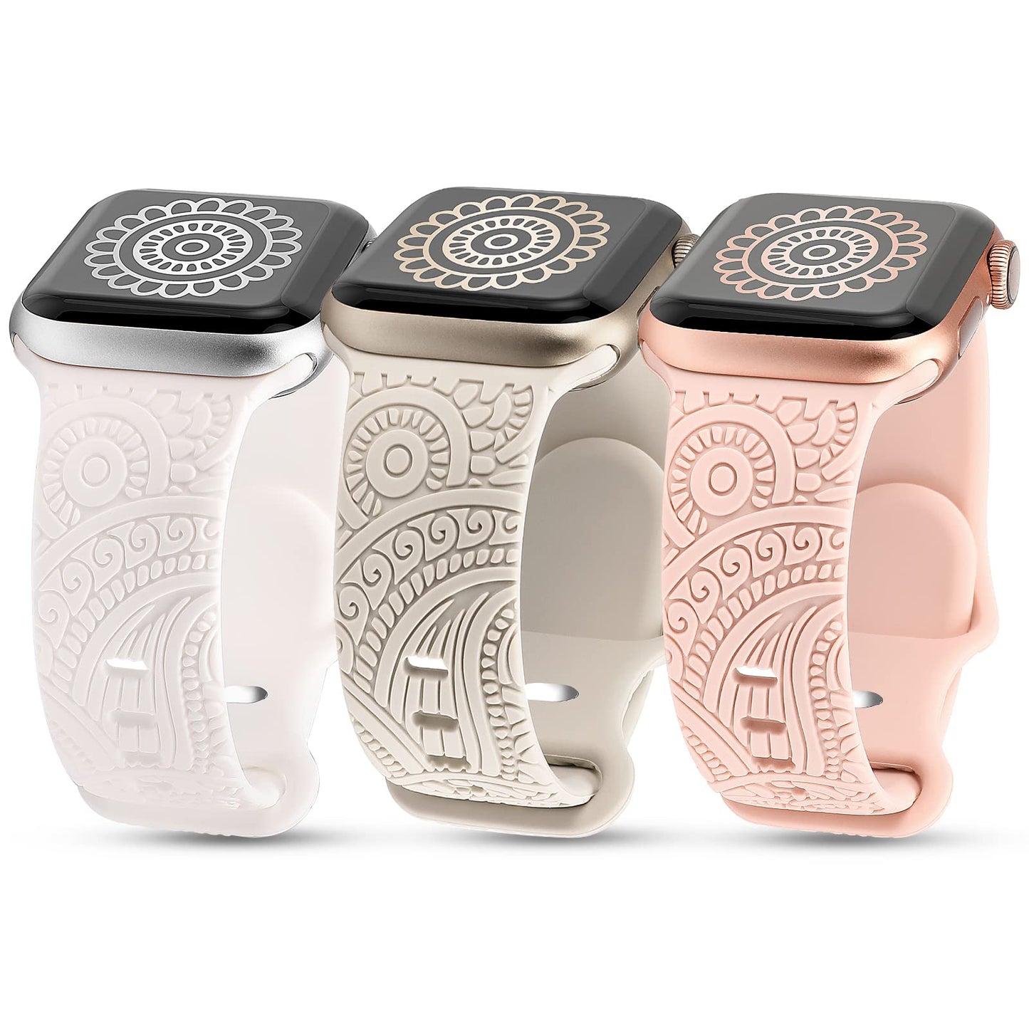 TOYOUTHS 3-Pack Compatible with Apple Watch Band 38mm 40mm 41mm Women Soft Silicone Laser Engraved Boho Floral Bracelet Sport Straps for iWatch Series 9 8 7 6 5 4 3 2 1 SE