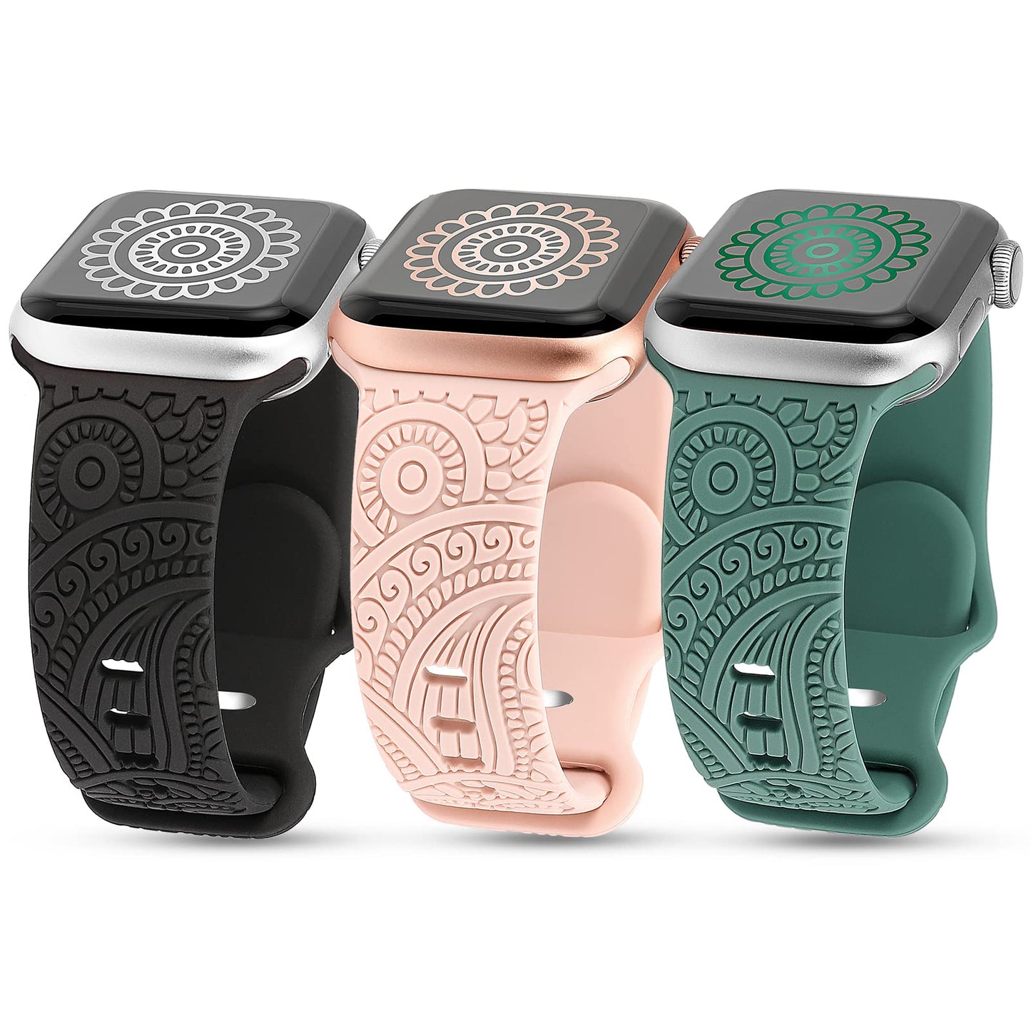 TOYOUTHS 3-Pack Compatible with Apple Watch Band 38mm 40mm 41mm Women Soft Silicone Laser Engraved Boho Floral Bracelet Sport Straps for iWatch Series 9 8 7 6 5 4 3 2 1 SE