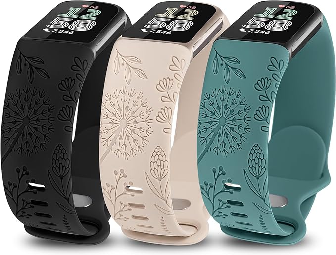 TOYOUTHS 3 Packs Floral Engraved Compatible with Fitbit Charge 5/Charge 6 Strap for Women, Soft Waterproof Silicone Sport Band with Cute Dandelion Flower Pattern