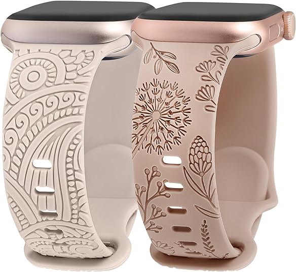 TOYOUTHS 2 Packs Floral Engraved Band Compatible with Apple Watch Band 41mm 40mm 38mm 45mm 44mm 42mm 49mm Women, Silicone Henna Dandelion Cute Strap for iWatch Series Ultra 2/9/8/7/SE/6/5/4/3/2/1