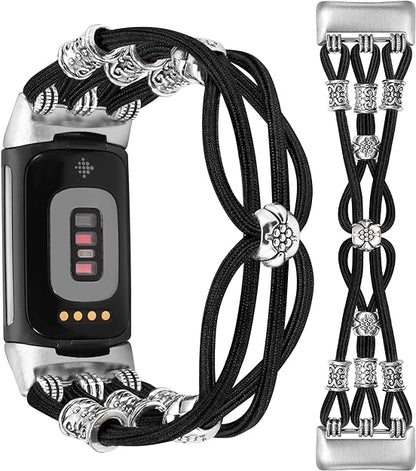 TOYOUTHS Beaded Bracelet Band Compatible with Fitbit Charge 6 Bands/Fitbit Charge 5 Bands Women, Boho Soft Elastic Stretchy Nylon Braided Strap Fancy Charms Designer Breathable Sport Wristband