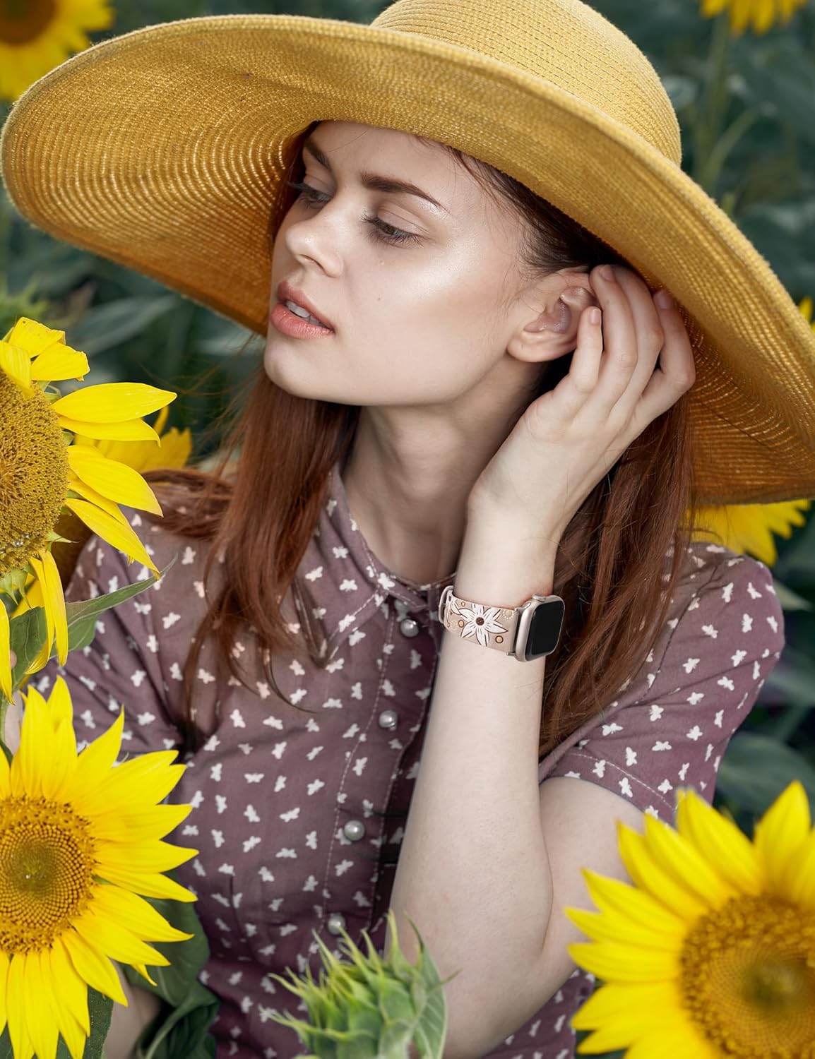 TOYOUTHS Leather Band Compatible with Apple Watch Strap Women 38/40/41/42mm Fancy Western Embossed Sunflower Floral Bracelet Wristband for iWatch Bands Series 10 9 8 7 6 5 4 3 2 1 SE