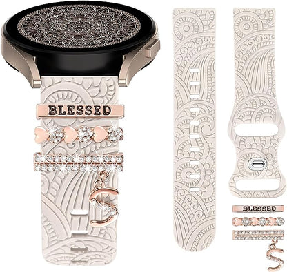 TOYOUTHS Compatible with Samsung Galaxy Watch 6/6 Classic/Watch 5/5 Pro/Watch 4 Band with Charms Women, 20mm Silicone Floral Engraved Strap with Ring Loops for Watch 3 41mm/Active 2